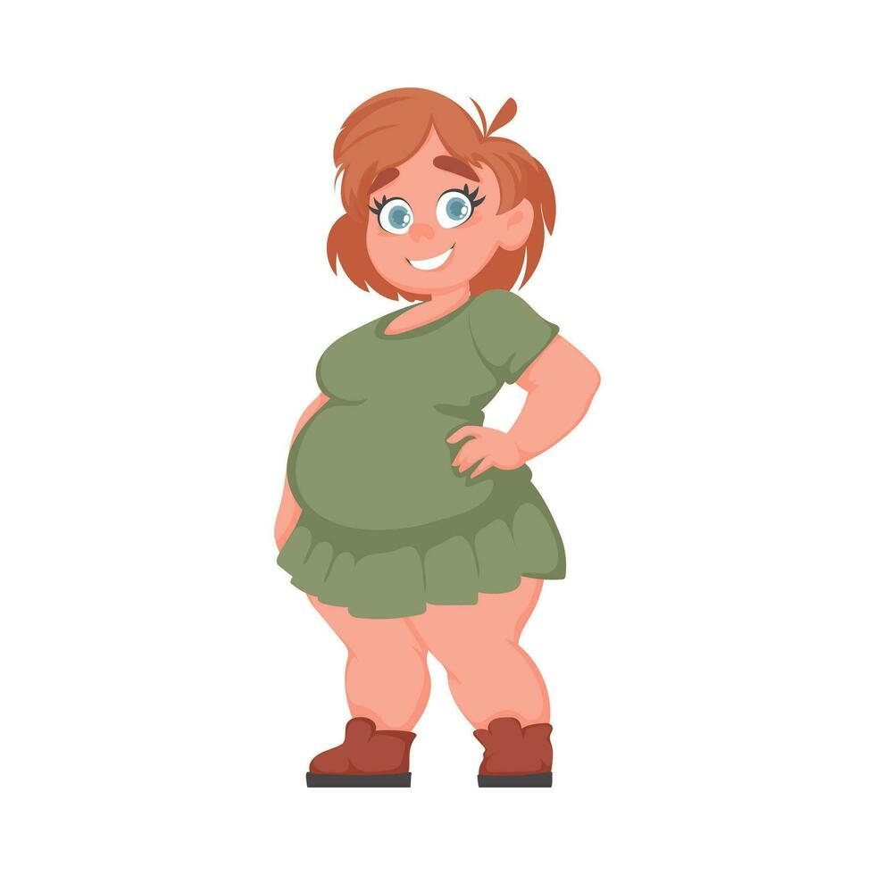 Fat woman posing and smiling. Cute overweight girl, body positivity theme. Cartoon style vector