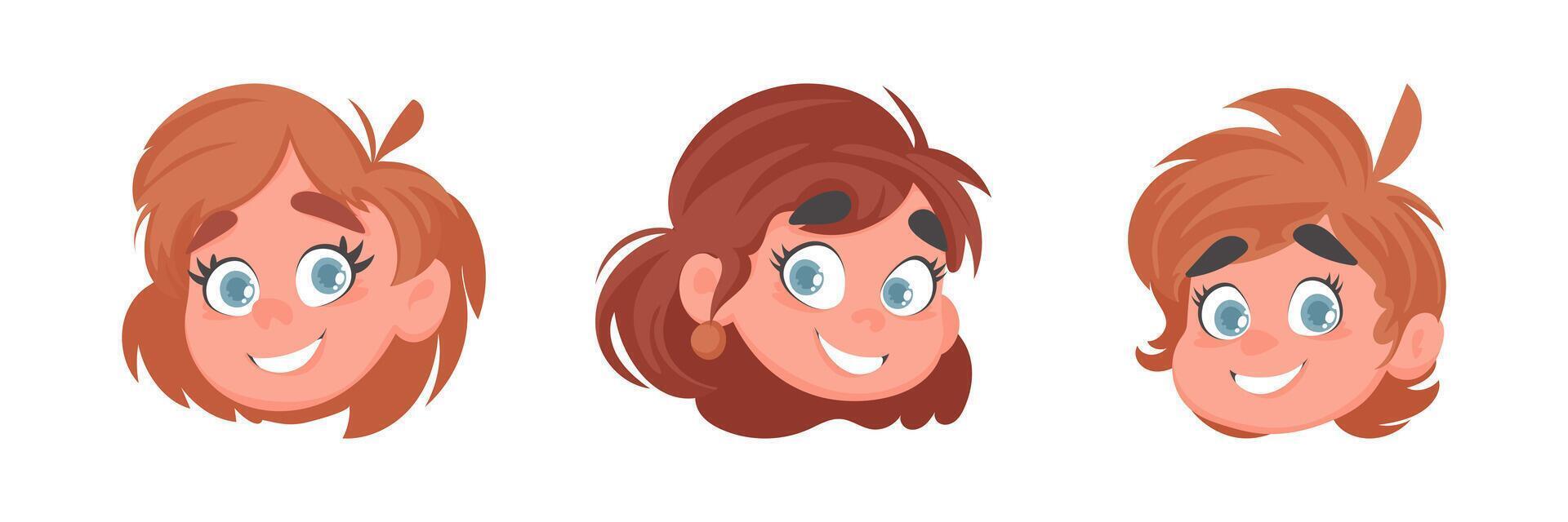 Set of faces of cute and cheerful girls. Cartoon style vector