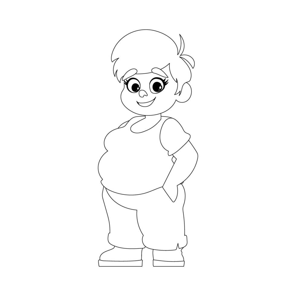 Black and white line art, Fat woman posing and smiling. Cute overweight girl, body positivity theme. Coloring style vector