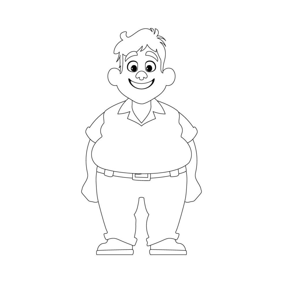 Black and white line art, Fat man posing and smiling. Overweight guy is cute, body positivity theme. Coloring style vector