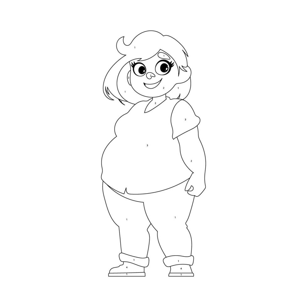 Black and white line art, Fat woman posing and smiling. Cute overweight girl, body positivity theme. Coloring style vector