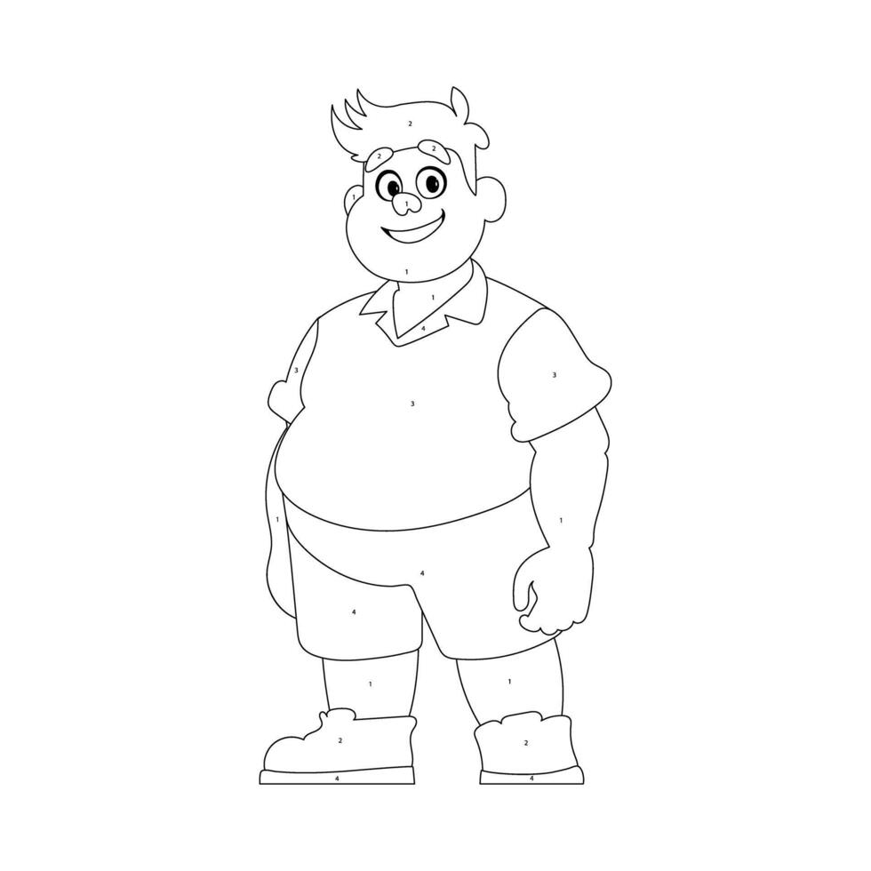 Black and white line art, Fat man posing and smiling. Overweight guy is cute, body positivity theme. Coloring style vector