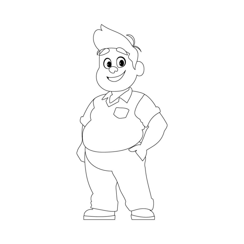Black and white line art, Fat man posing and smiling. Overweight guy is cute, body positivity theme. Coloring style vector