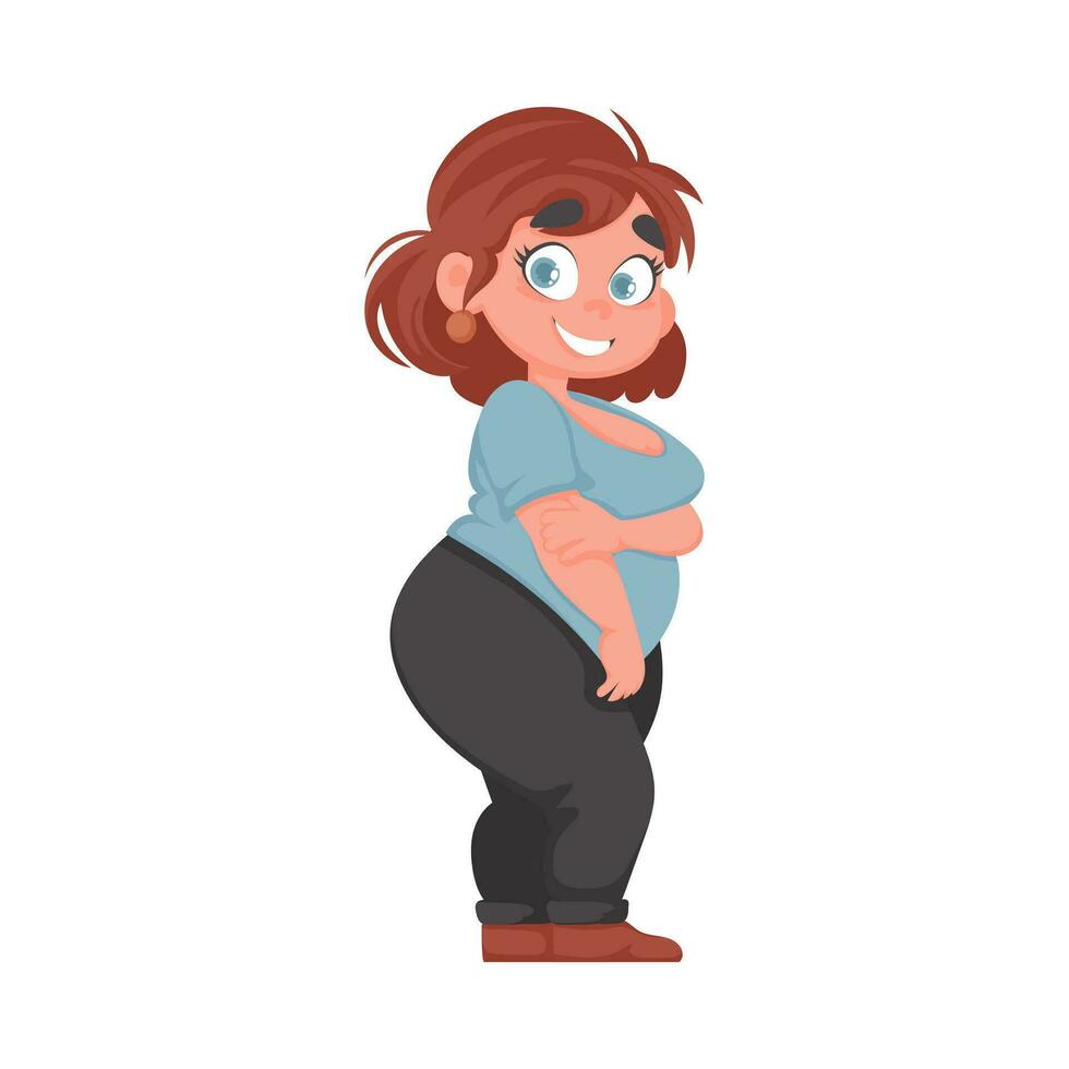 grasa mujer posando y sonriente. linda exceso de peso chica, cuerpo positividad tema. dibujos animados estilo vector