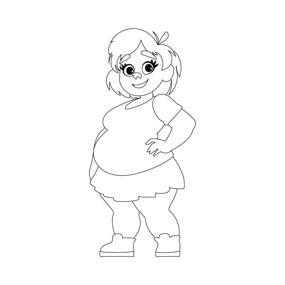 Black and white line art, Fat woman posing and smiling. Cute overweight girl, body positivity theme. Coloring style vector