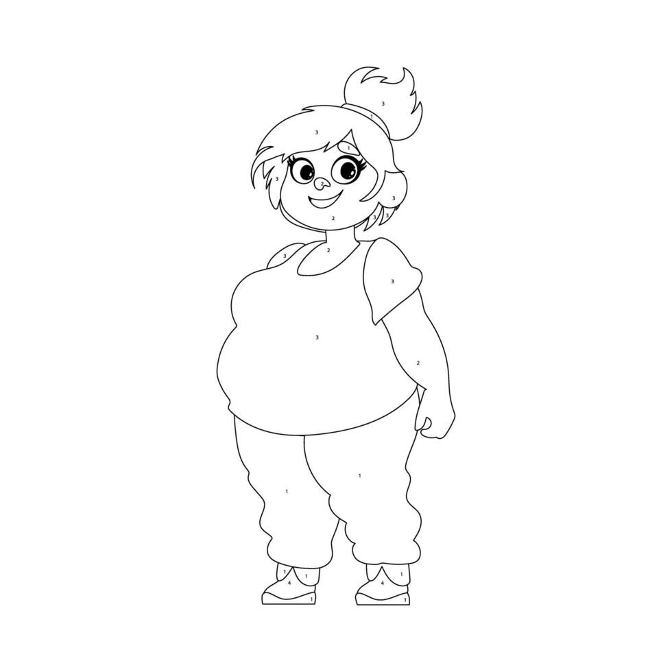 Black and white line art, Fat woman posing and smiling. Cute overweight girl, body positivity theme. Coloring style vector