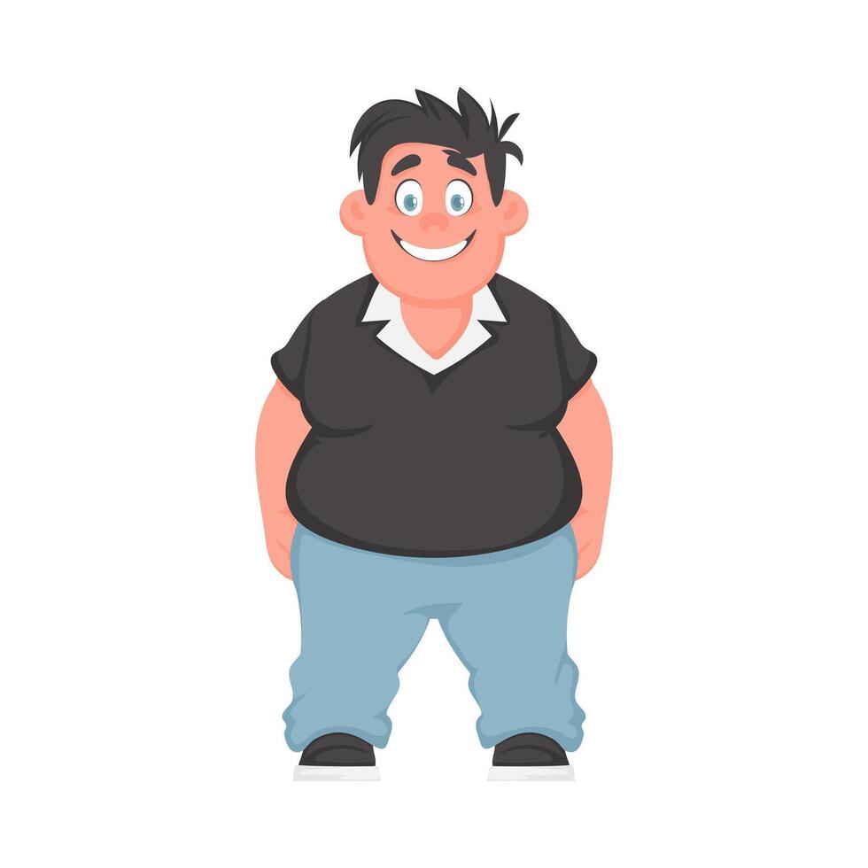 Fat man posing and smiling. Overweight guy is cute, body positivity theme. Cartoon style vector