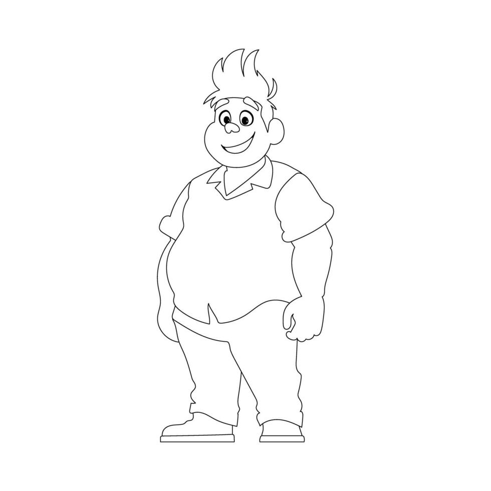 Black and white line art, Fat man posing and smiling. Overweight guy is cute, body positivity theme. Coloring style vector