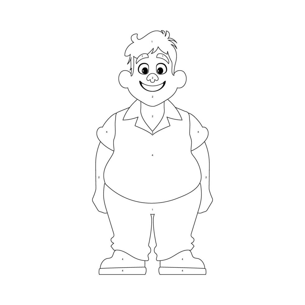 Black and white line art, Fat man posing and smiling. Overweight guy is cute, body positivity theme. Coloring style vector