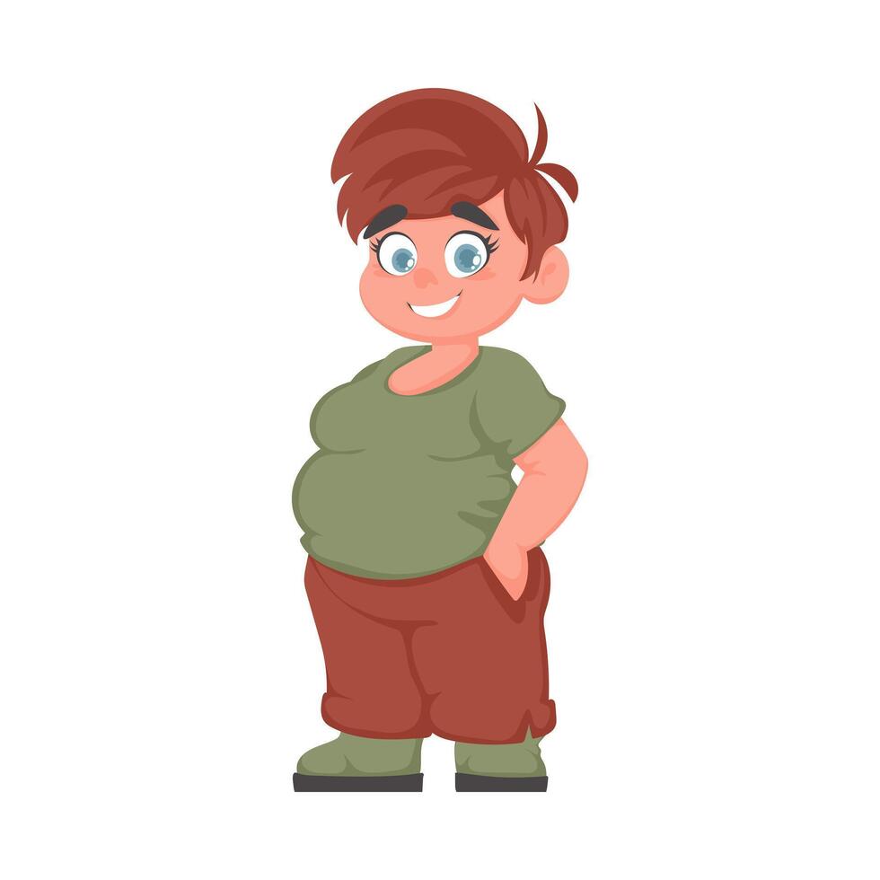 Fat woman posing and smiling. Cute overweight girl, body positivity theme. Cartoon style vector