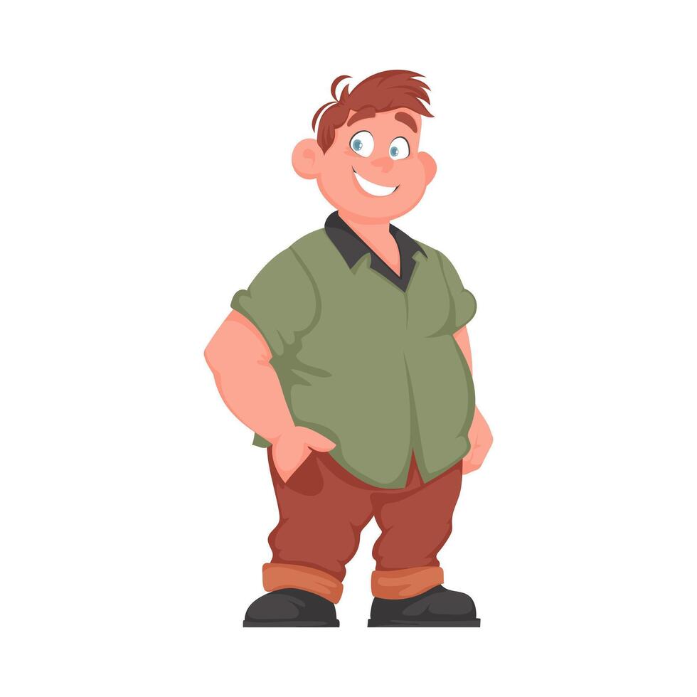 Fat man posing and smiling. Overweight guy is cute, body positivity theme. Cartoon style vector