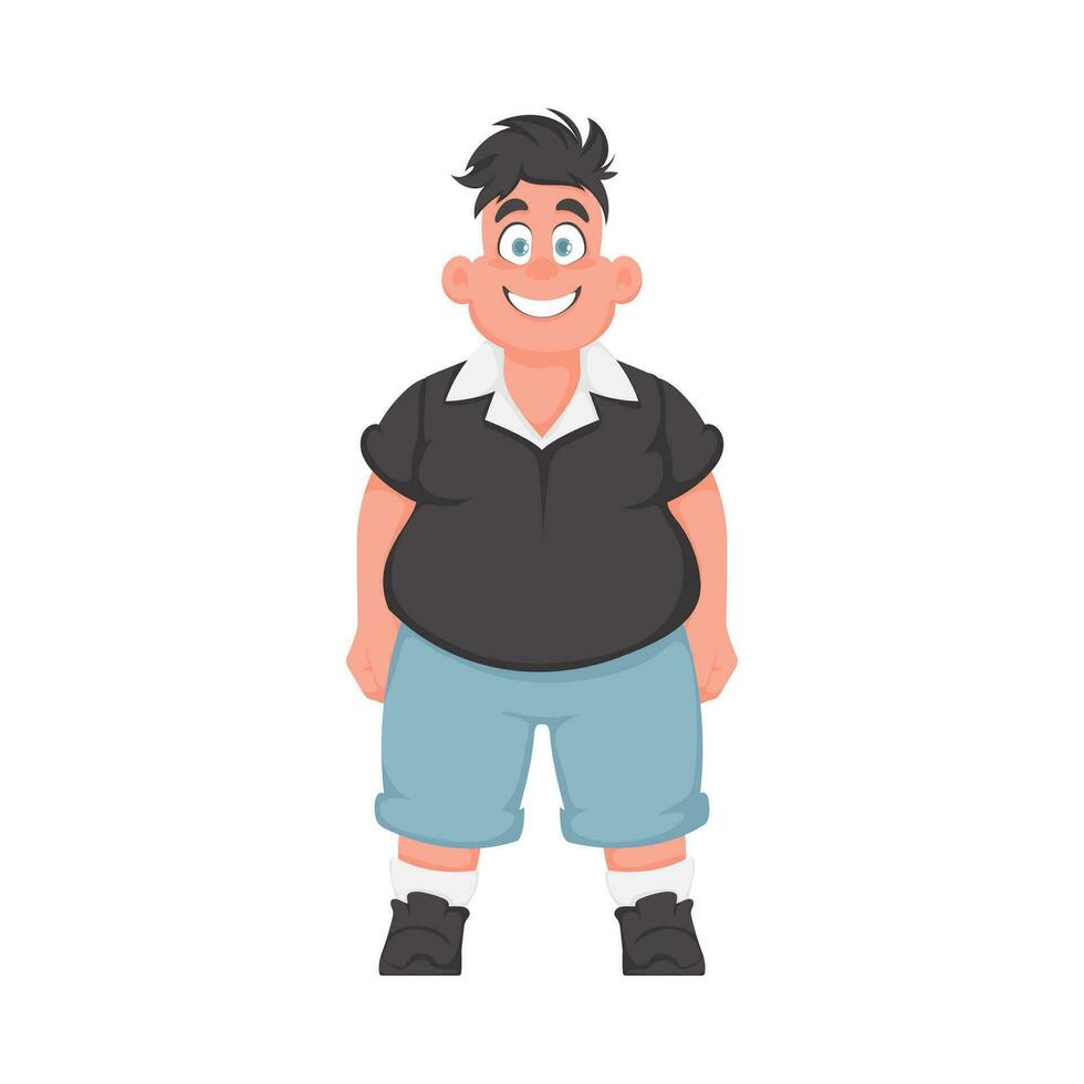 grasa hombre posando y sonriente. exceso de peso chico es lindo, cuerpo positividad tema. dibujos animados estilo vector