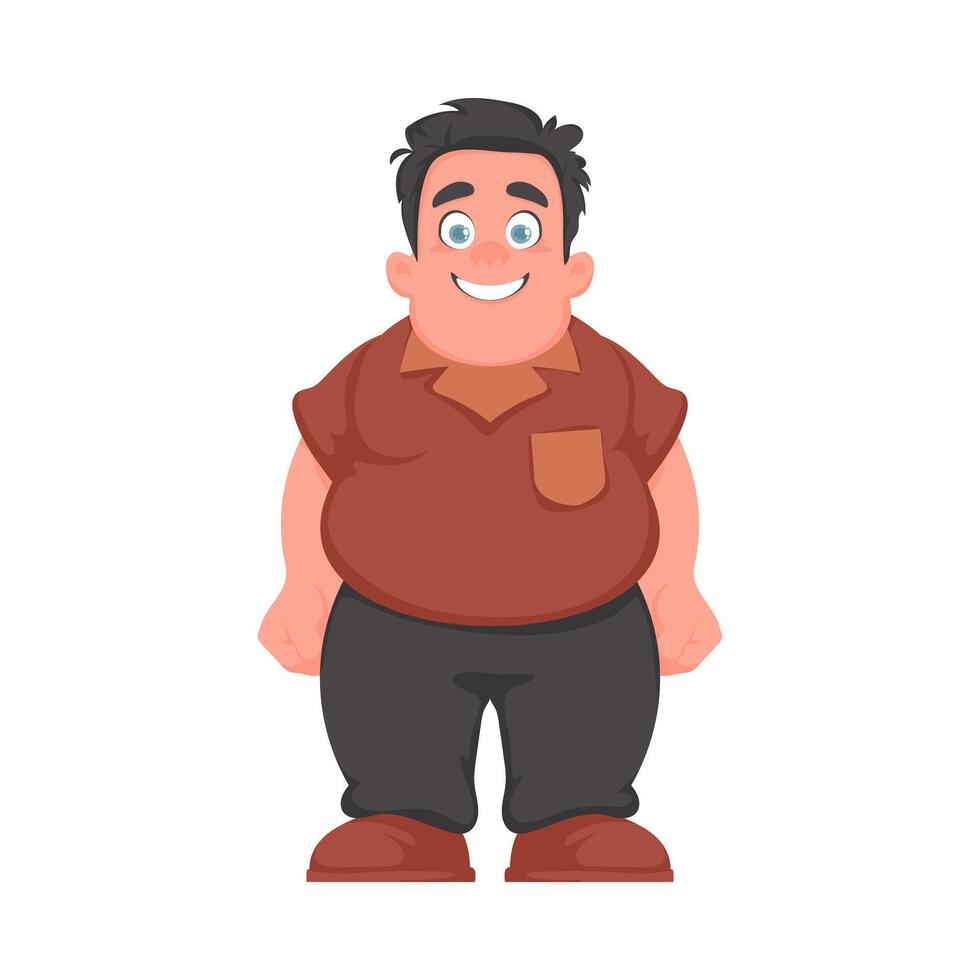 Fat man posing and smiling. Overweight guy is cute, body positivity theme. Cartoon style vector