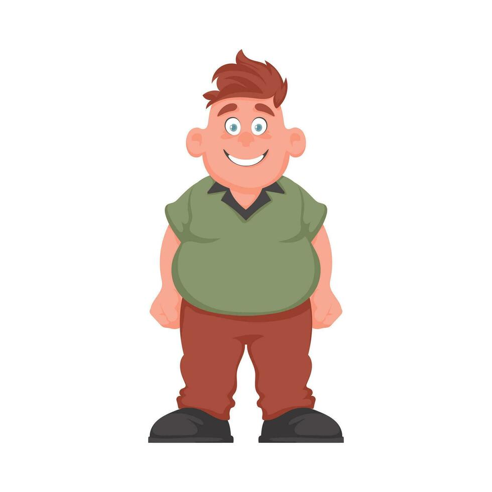 Fat man posing and smiling. Overweight guy is cute, body positivity theme. Cartoon style vector