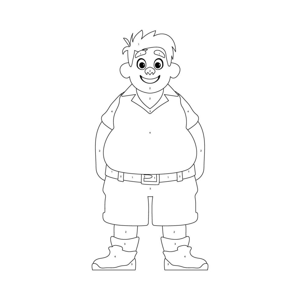 Black and white line art, Fat man posing and smiling. Overweight guy is cute, body positivity theme. Coloring style vector