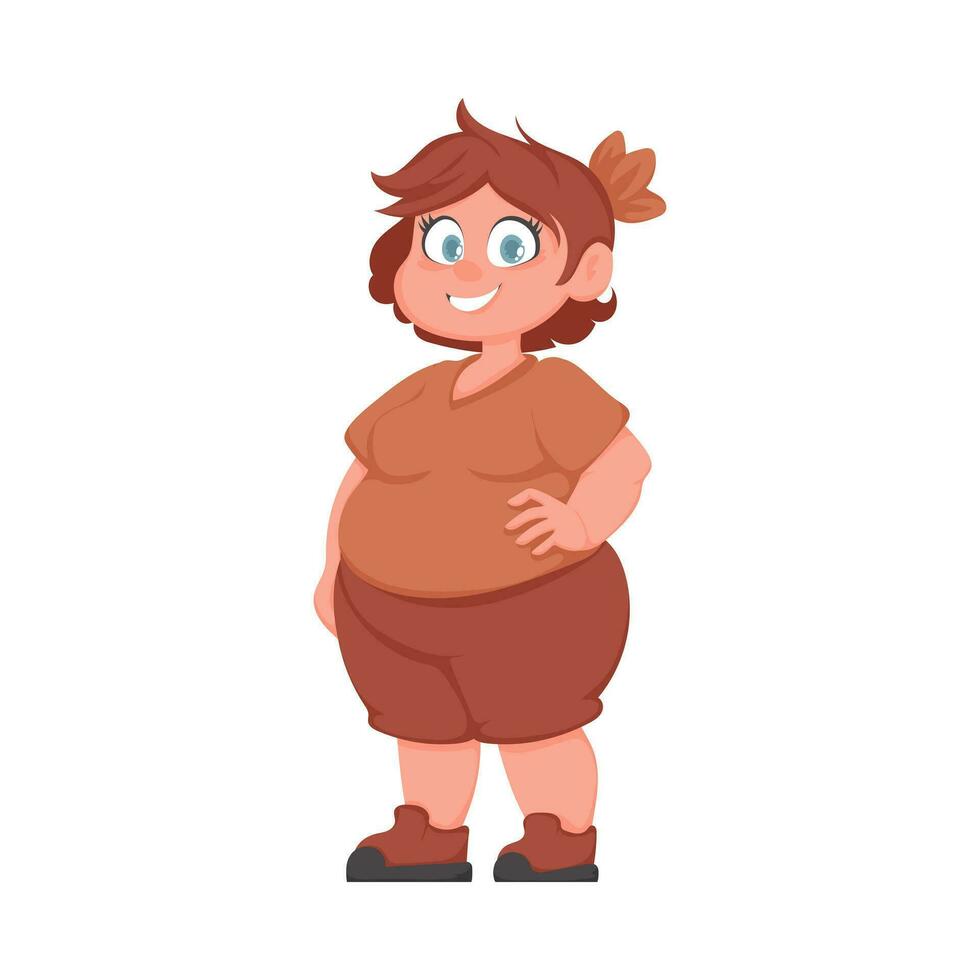 grasa mujer posando y sonriente. linda exceso de peso chica, cuerpo positividad tema. dibujos animados estilo vector