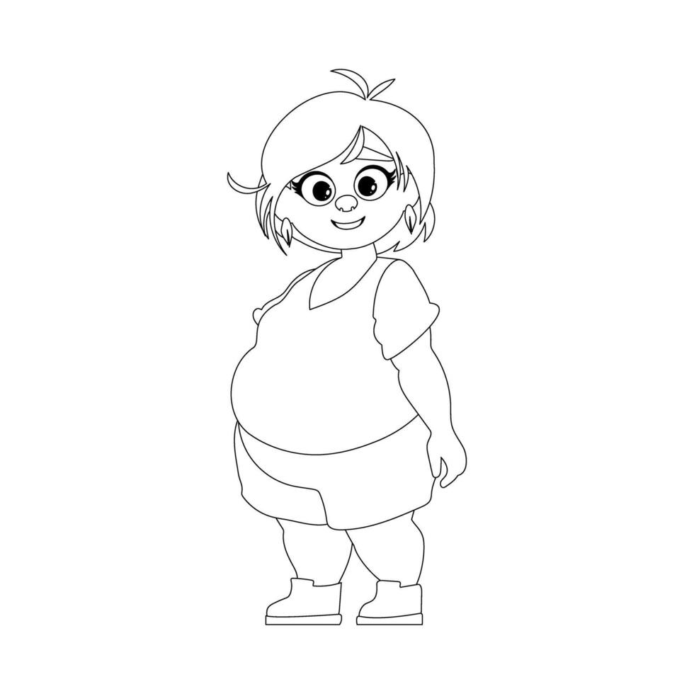 Black and white line art, Fat woman posing and smiling. Cute overweight girl, body positivity theme. Coloring style vector