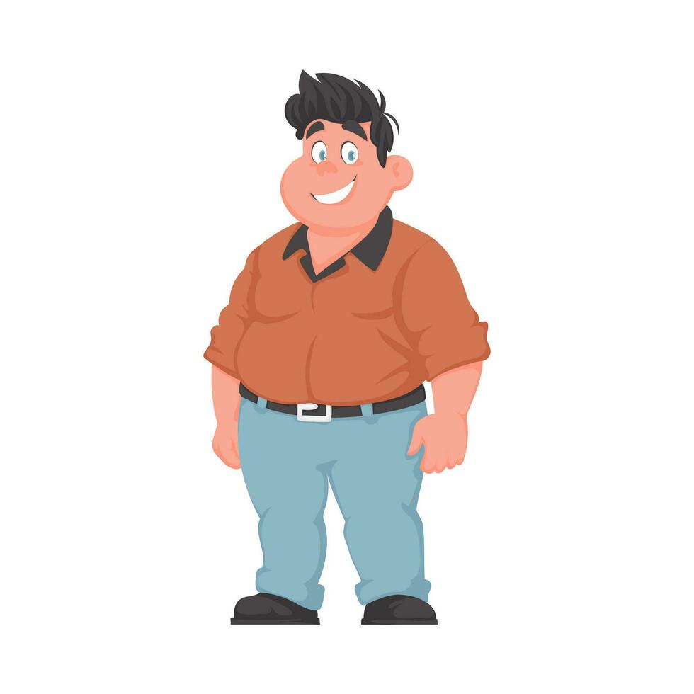 Fat man posing and smiling. Overweight guy is cute, body positivity theme. Cartoon style vector