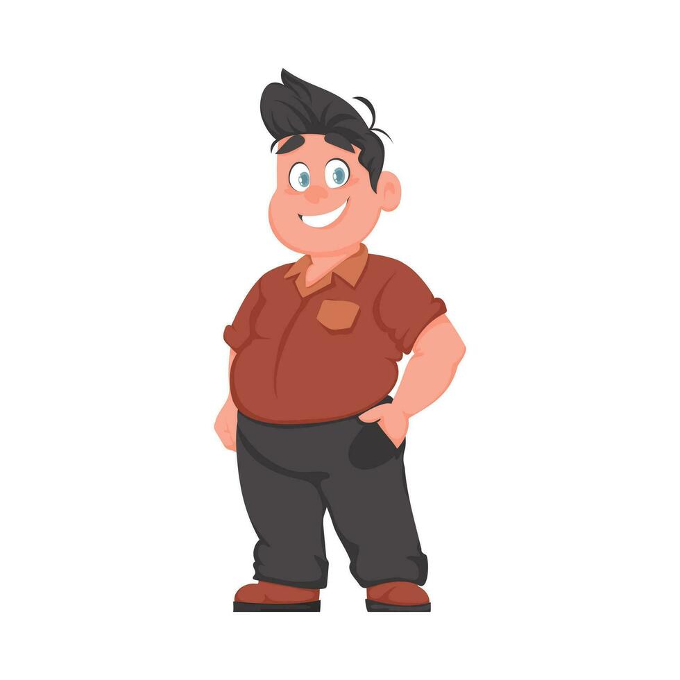 Fat man posing and smiling. Overweight guy is cute, body positivity theme. Cartoon style vector