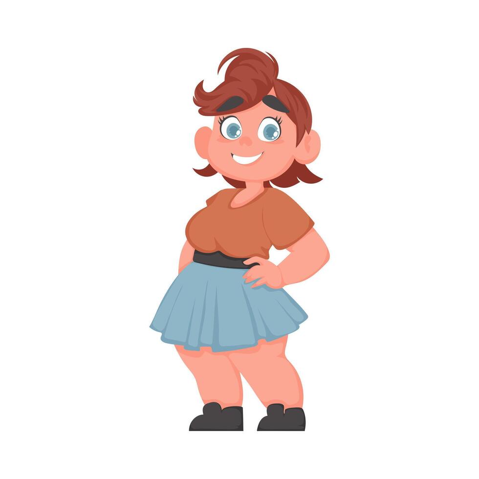 Fat woman posing and smiling. Cute overweight girl, body positivity theme. Cartoon style vector