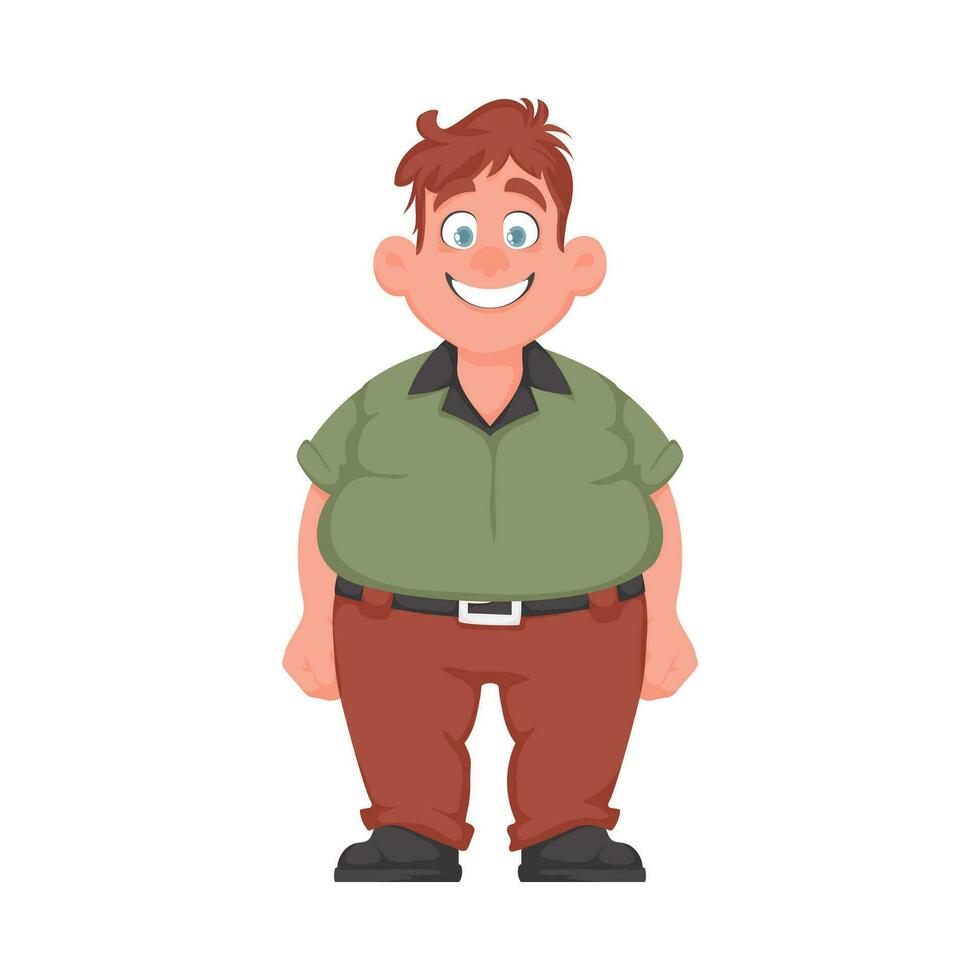 Fat man posing and smiling. Overweight guy is cute, body positivity theme. Cartoon style vector