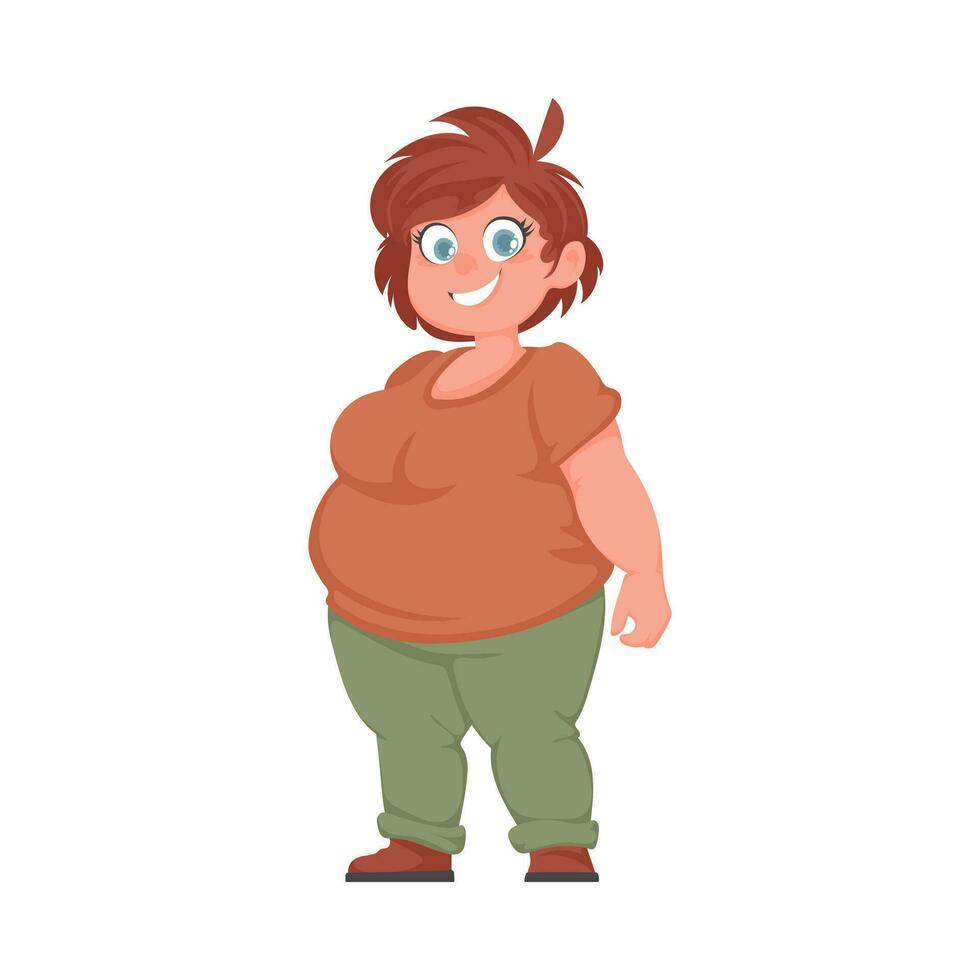 Fat woman posing and smiling. Cute overweight girl, body positivity theme. Cartoon style vector