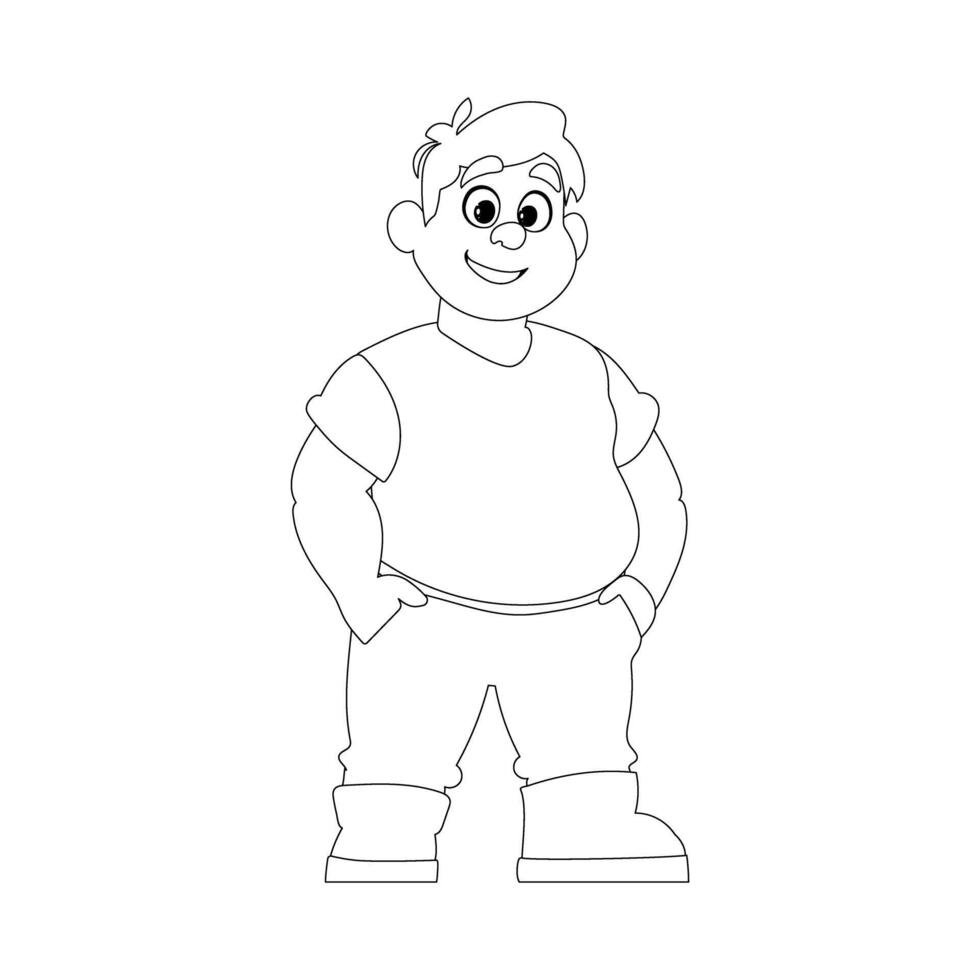 Black and white line art, Fat man posing and smiling. Overweight guy is cute, body positivity theme. Coloring style vector