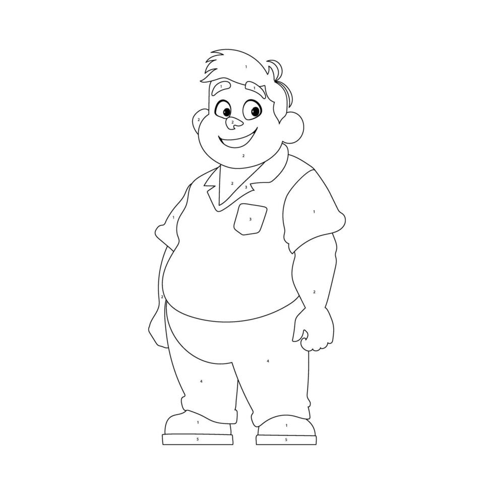 Black and white line art, Fat man posing and smiling. Overweight guy is cute, body positivity theme. Coloring style vector
