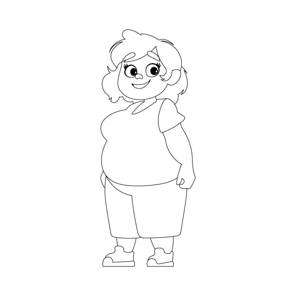 Black and white line art, Fat woman posing and smiling. Cute overweight girl, body positivity theme. Coloring style vector