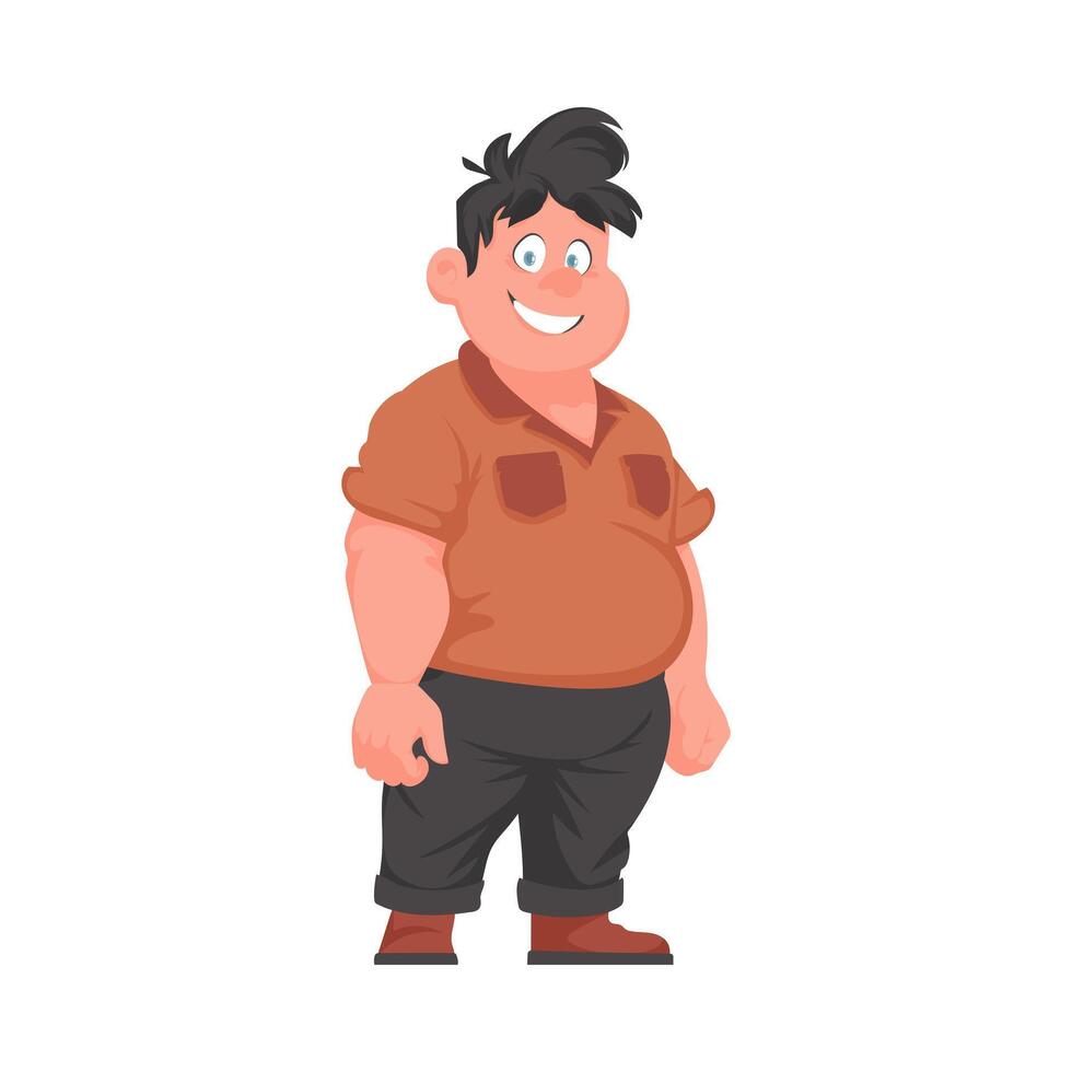 Fat man posing and smiling. Overweight guy is cute, body positivity theme. Cartoon style vector