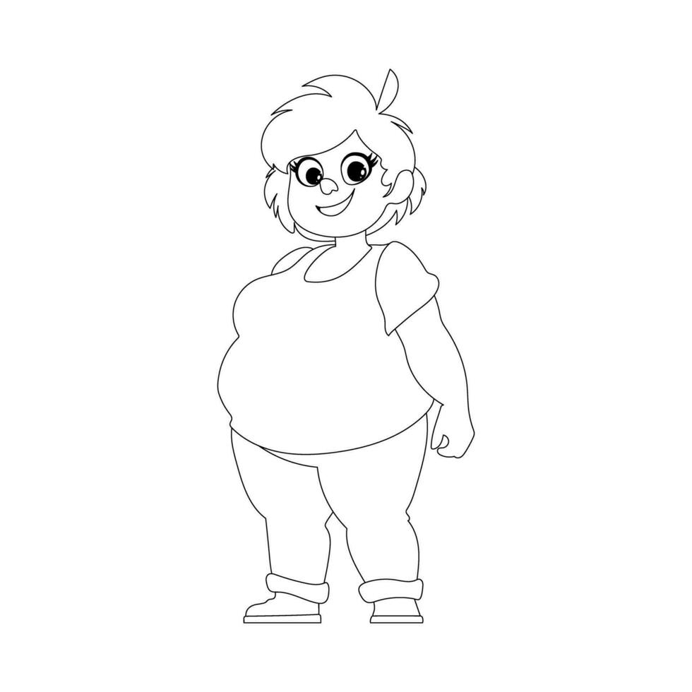Black and white line art, Fat woman posing and smiling. Cute overweight girl, body positivity theme. Coloring style vector