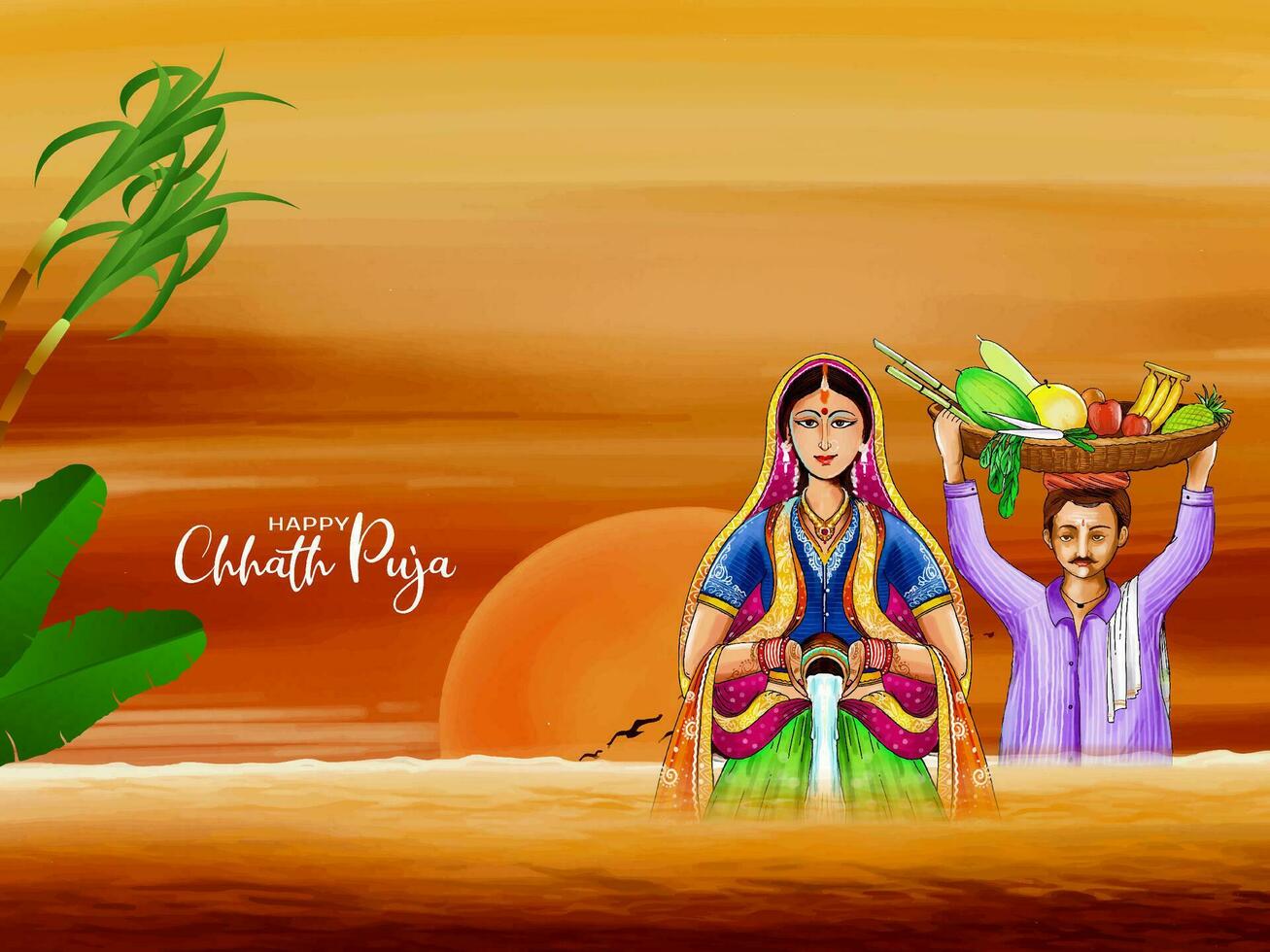 cultural contento chhath puja hindú festival saludo tarjeta vector