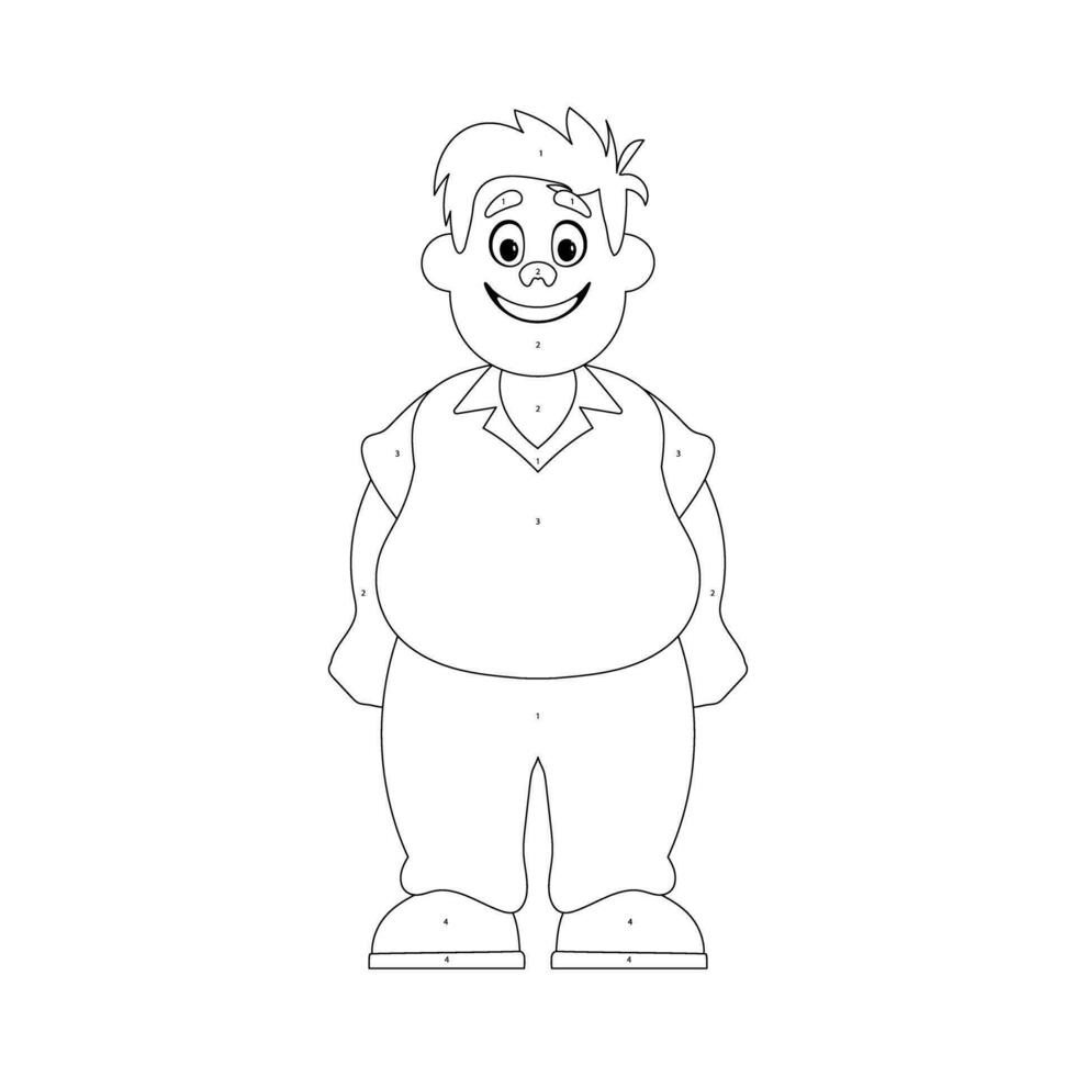 Black and white line art, Fat man posing and smiling. Overweight guy is cute, body positivity theme. Coloring style vector