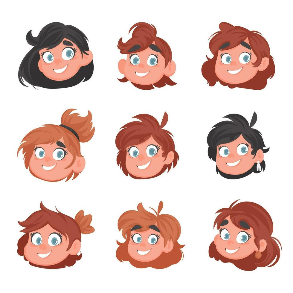 Big Set of faces of cute and cheerful girls. Cartoon style vector