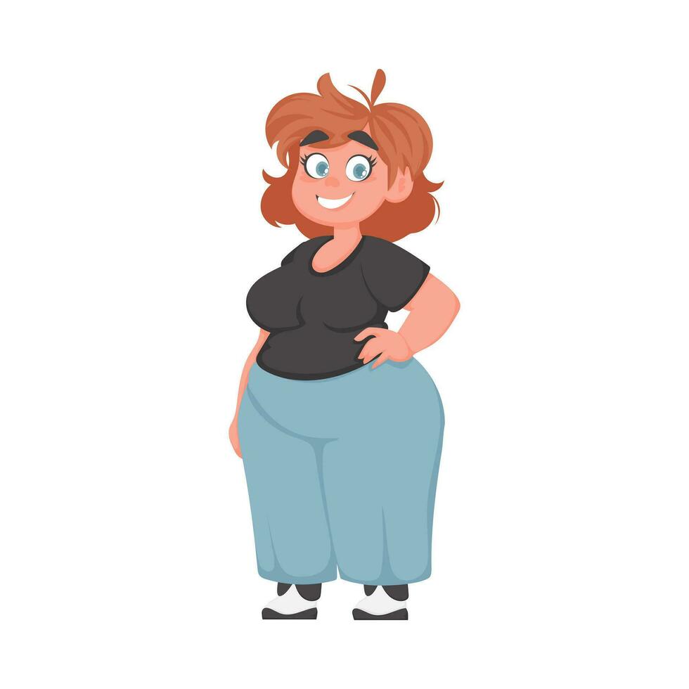 Fat woman posing and smiling. Cute overweight girl, body positivity theme. Cartoon style vector