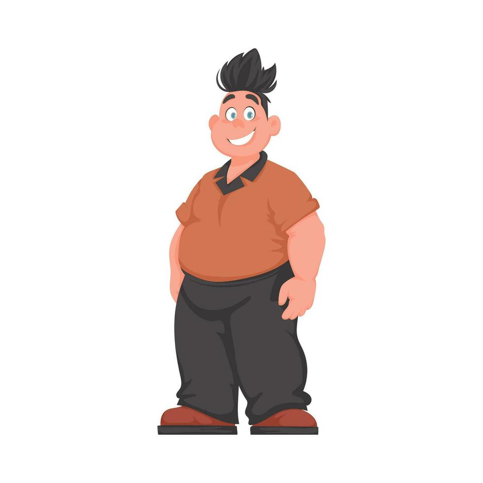 Fat man posing and smiling. Overweight guy is cute, body positivity theme. Cartoon style vector