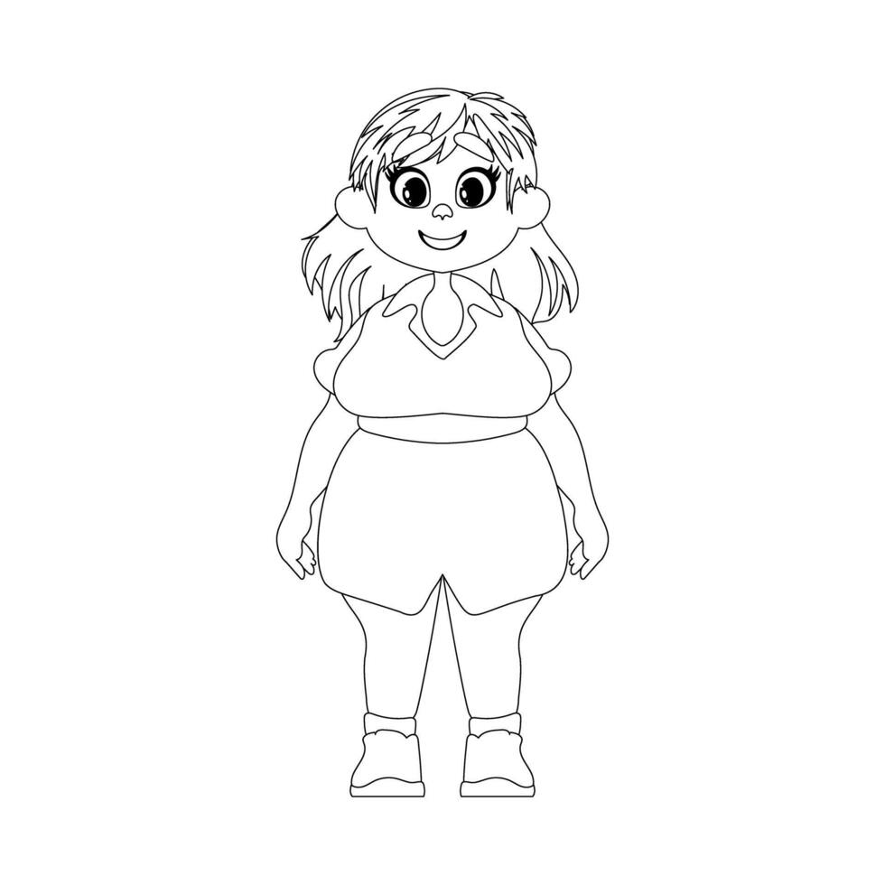 Black and white line art, Fat woman posing and smiling. Cute overweight girl, body positivity theme. Coloring style vector