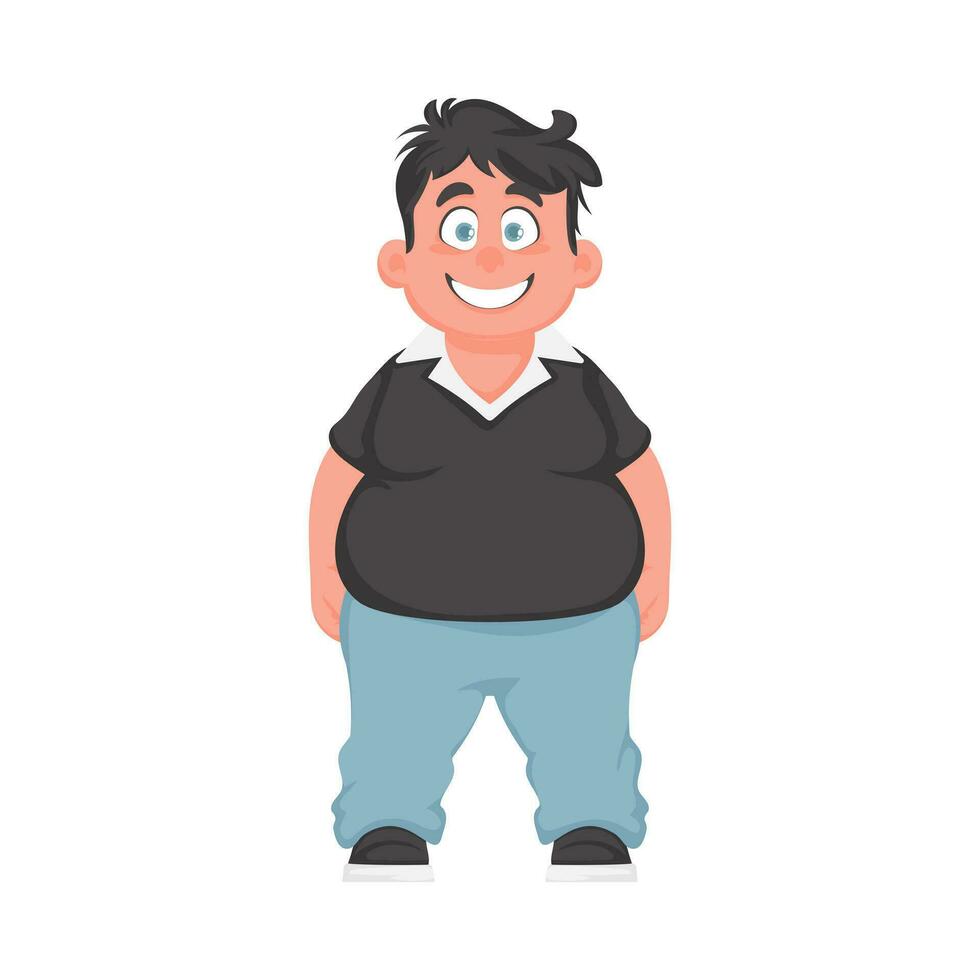 grasa hombre posando y sonriente. exceso de peso chico es lindo, cuerpo positividad tema. dibujos animados estilo vector