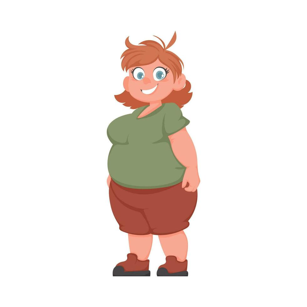 Fat woman posing and smiling. Cute overweight girl, body positivity theme. Cartoon style vector