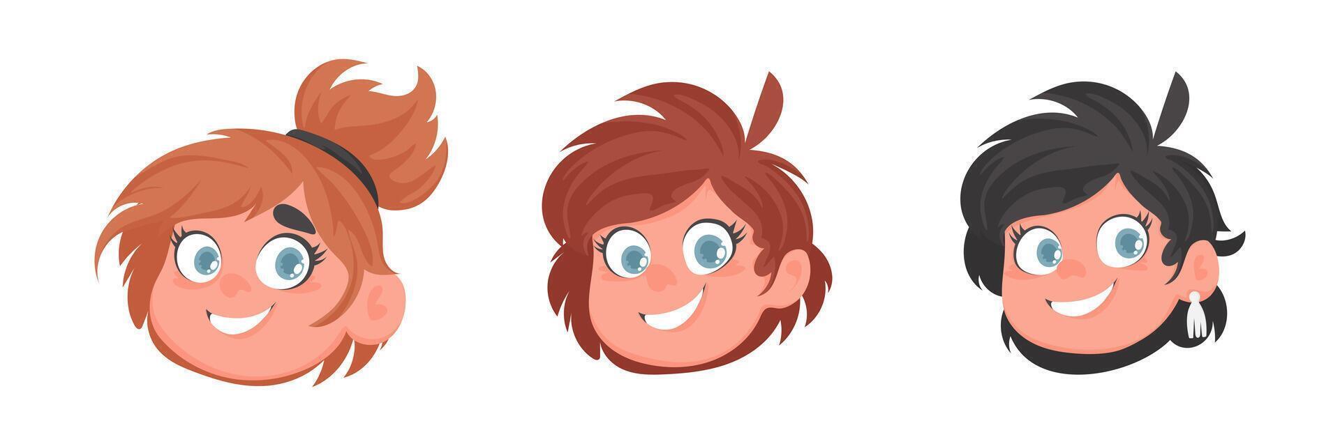 Set of faces of cute and cheerful girls. Cartoon style vector