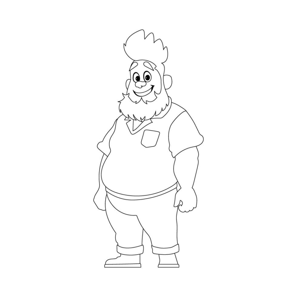 Black and white line art, Fat man posing and smiling. Overweight guy is cute, body positivity theme. Coloring style vector