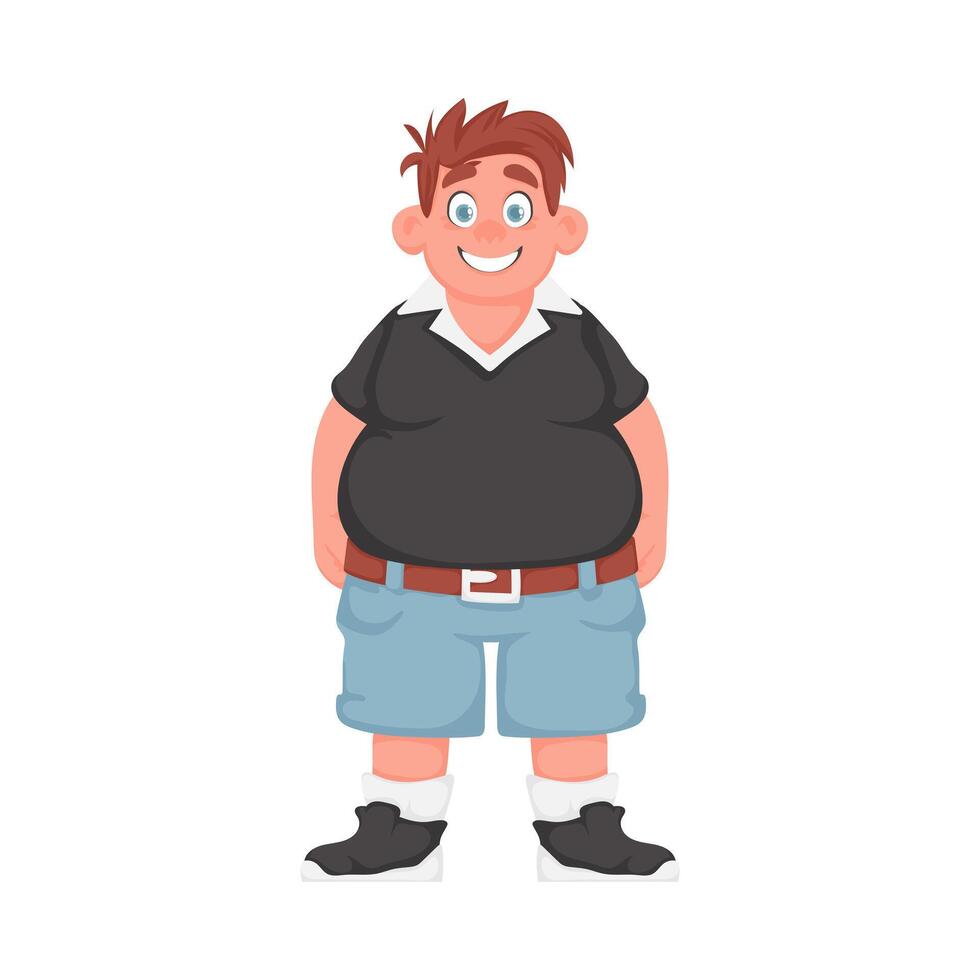 Fat man posing and smiling. Overweight guy is cute, body positivity theme. Cartoon style vector