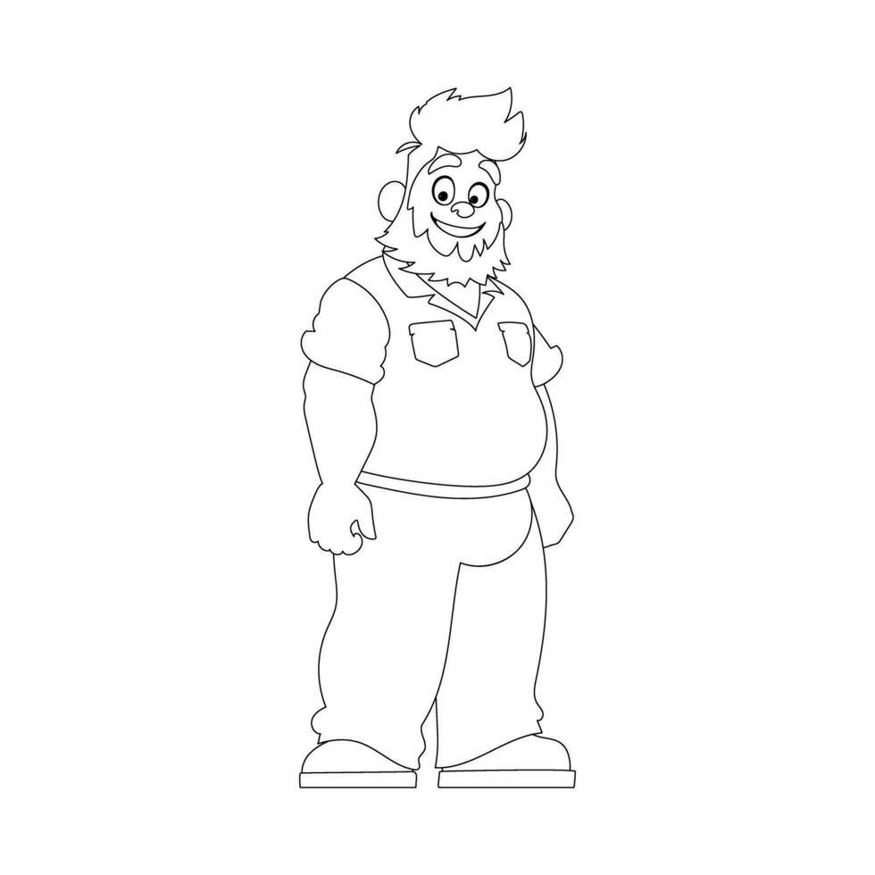 Black and white line art, Fat man posing and smiling. Overweight guy is cute, body positivity theme. Coloring style vector