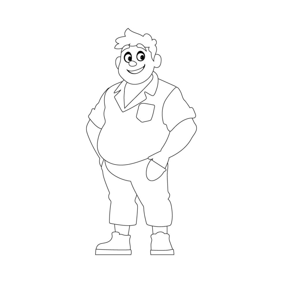 Black and white line art, Fat man posing and smiling. Overweight guy is cute, body positivity theme. Coloring style vector