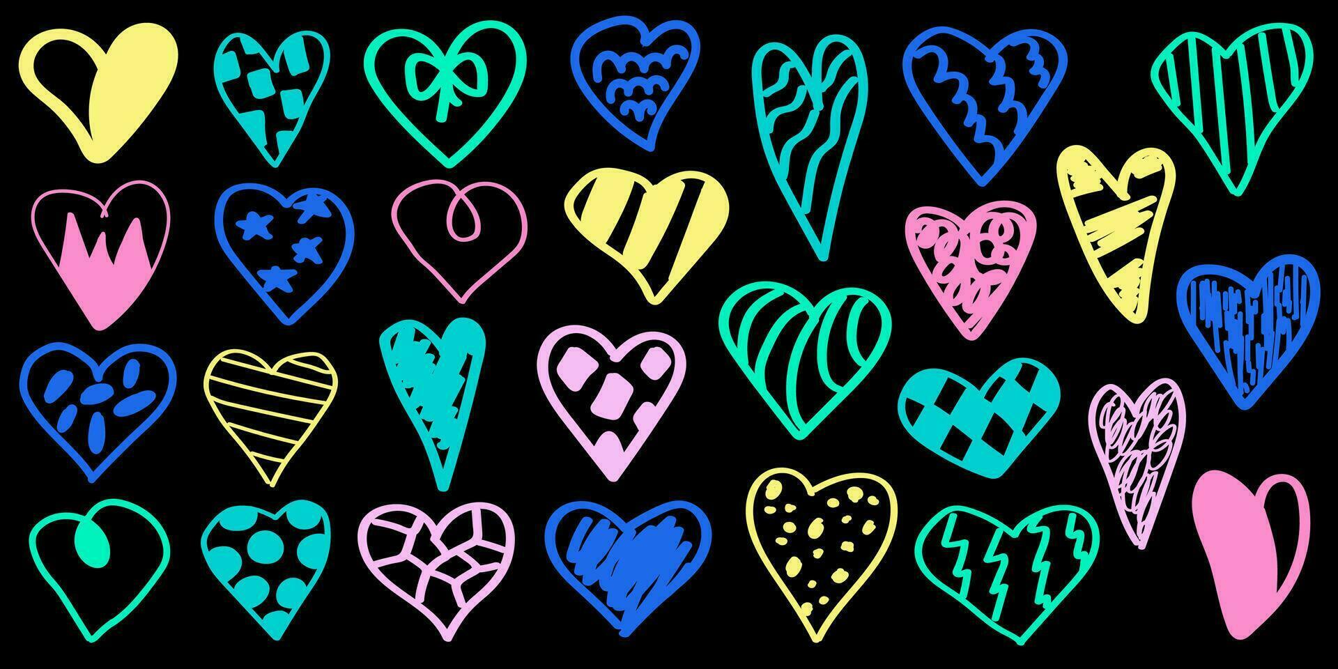 Hearts graffiti. Vector illustration. Set of multicolored silhouettes of hearts with different patterns. Hand drawn doodle style.