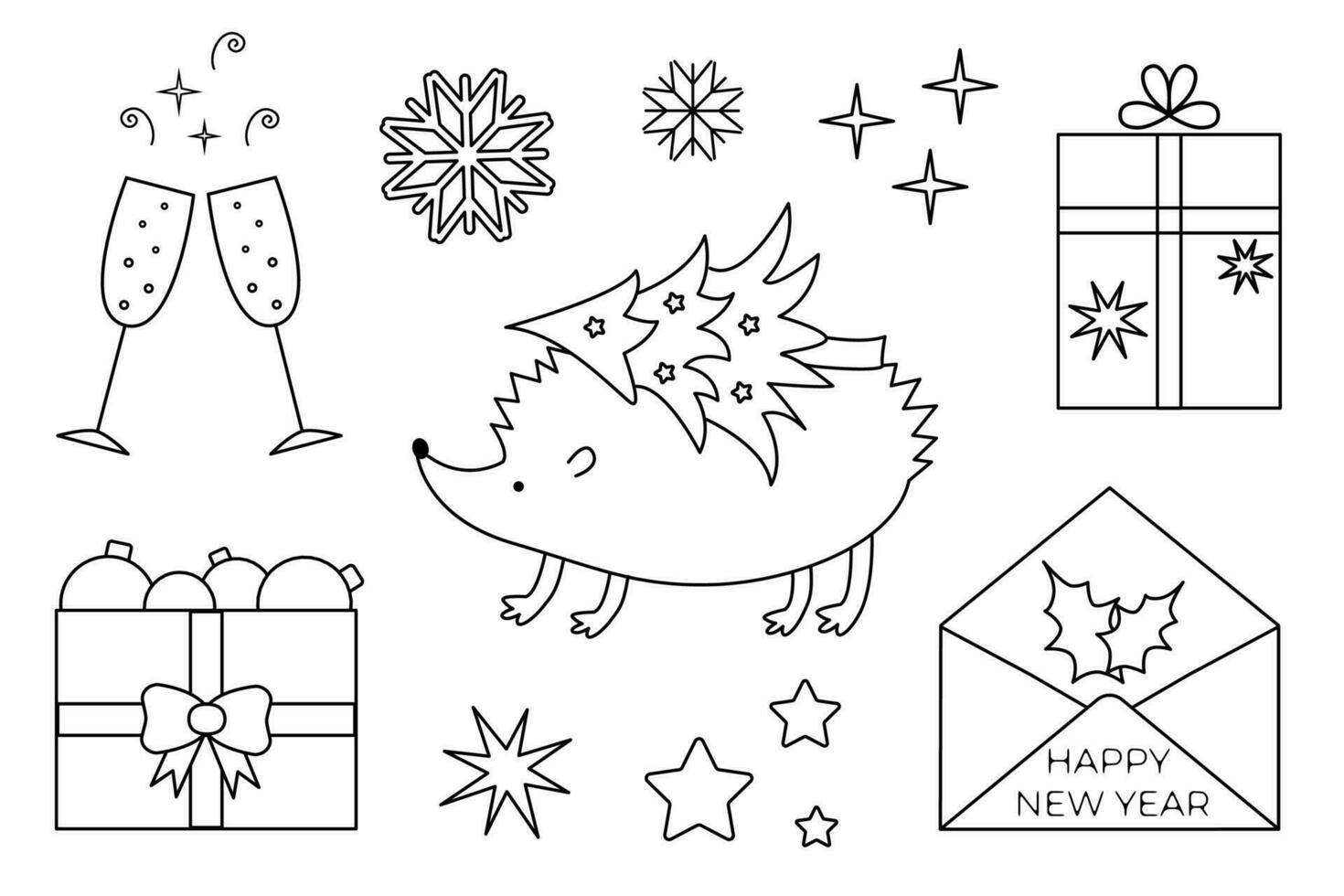 Christmas objects set. Line vector illustration. Drawing of hedgehog carrying Christmas tree on back. Holiday decoration, champagne glasses, gift box and envelope. Happy New Year greeting text design.
