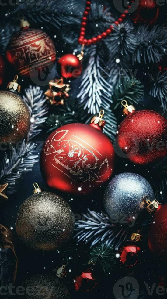 Greeting card concept for template, banner, poster, holiday design with beautiful christmas ornament, wishing a merry christmas, backdrop, winter season, and happy new year. AI Generated. photo