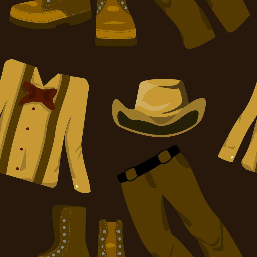 Editable Western Men Clothes Vector Illustration Seamless Pattern With Dark Background for Decorative Element of Wild Western Culture Related Project