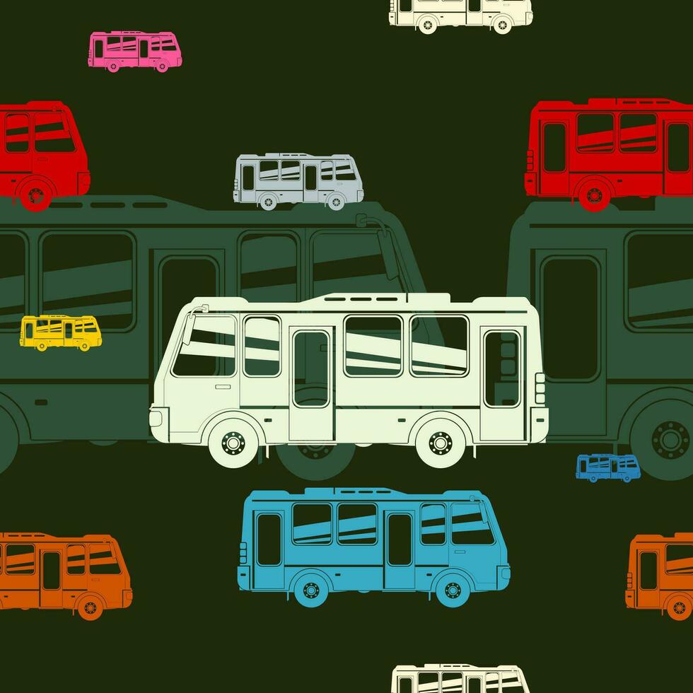 Editable Flat Monochrome Bus Vector Illustration in Various Color as Seamless Pattern With Dark Background for Travel Transportation and Vehicle Related Purposes