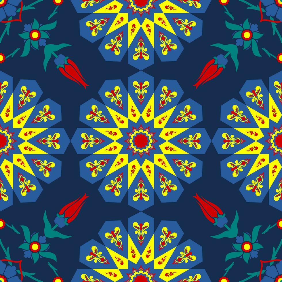 Editable Vector of Turkish Tulip Flower Illustration Seamless Pattern With Dark Background for Decorative Element of Ottoman Culture and Tradition Related Design Project